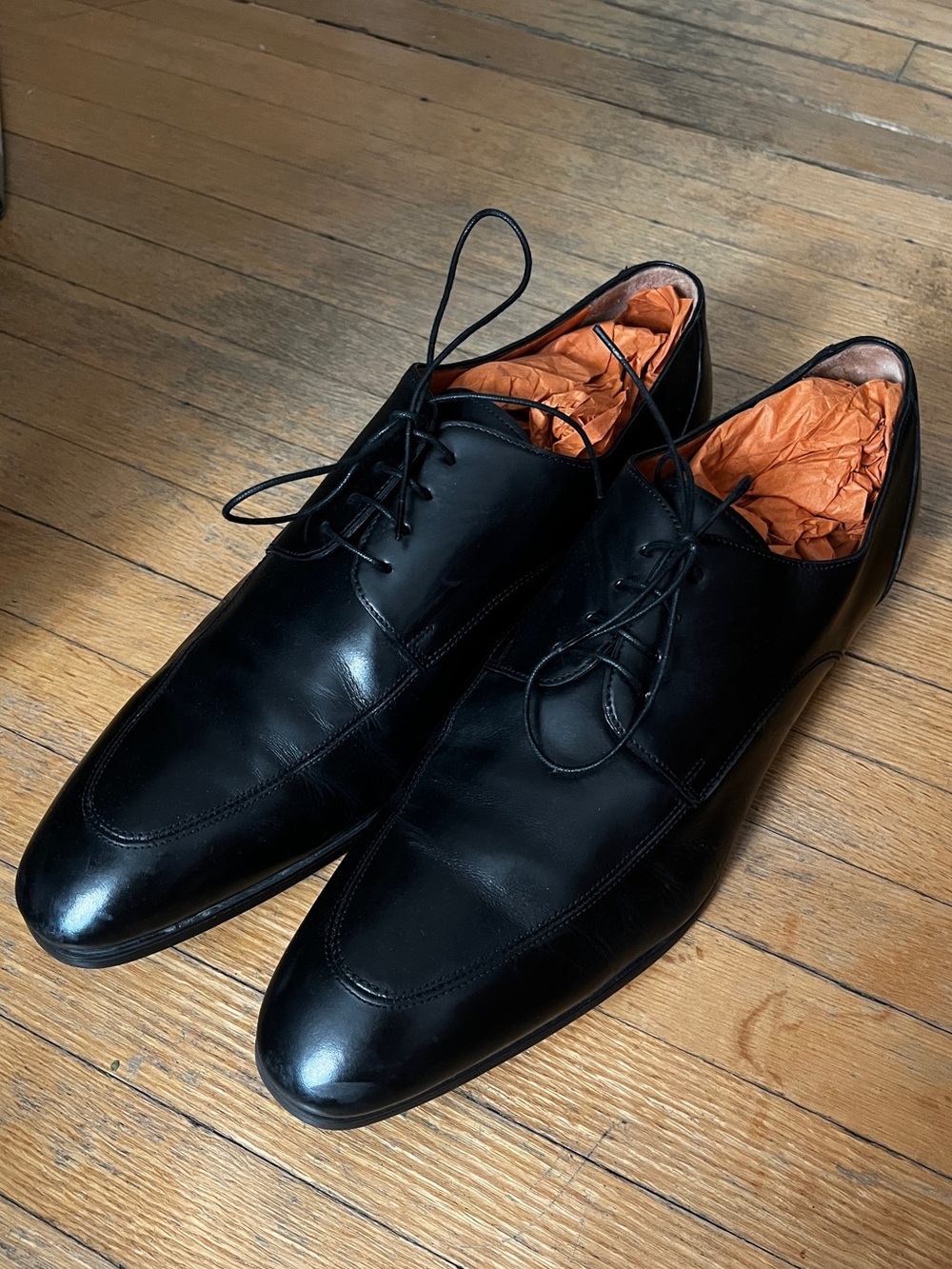 Santoni Black Leather Derby Shoes with Orange Lining from Harry Rosen
